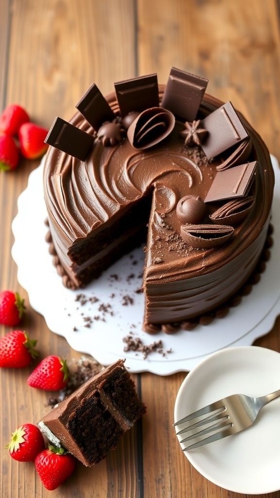 A classic 9-inch round chocolate cake with chocolate frosting and shavings, served with a slice cut out, on a wooden table.